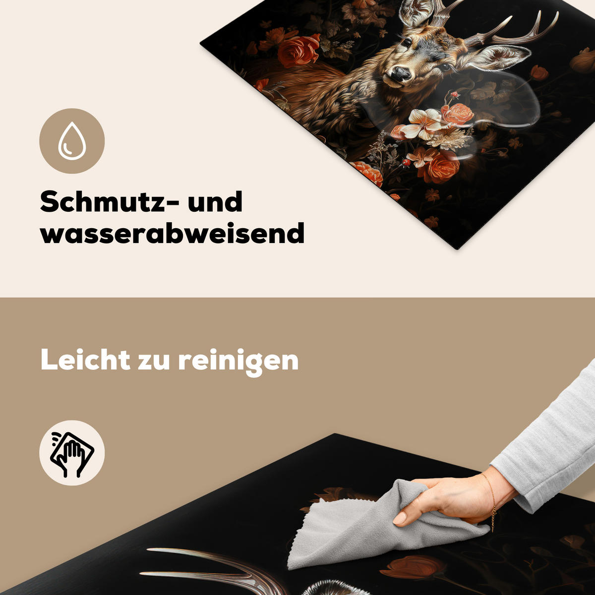 HERDABDECKPLATTE Hirsch - Tier - Blumen - Natur - Botanisch Herdabdeckung Induktionsfeld 65x52 cm - Kupferfarben, Kunststoff (65/52/0.2cm) - MuchoWow