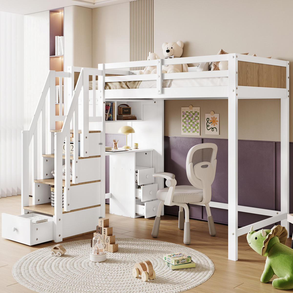 ETAGENBETT 90/200 cm Weiß/Natur mit Schreibtisch und Stauraumtreppe ohne Matratze - Weiß, Holz (90/200cm) - MIVRAY