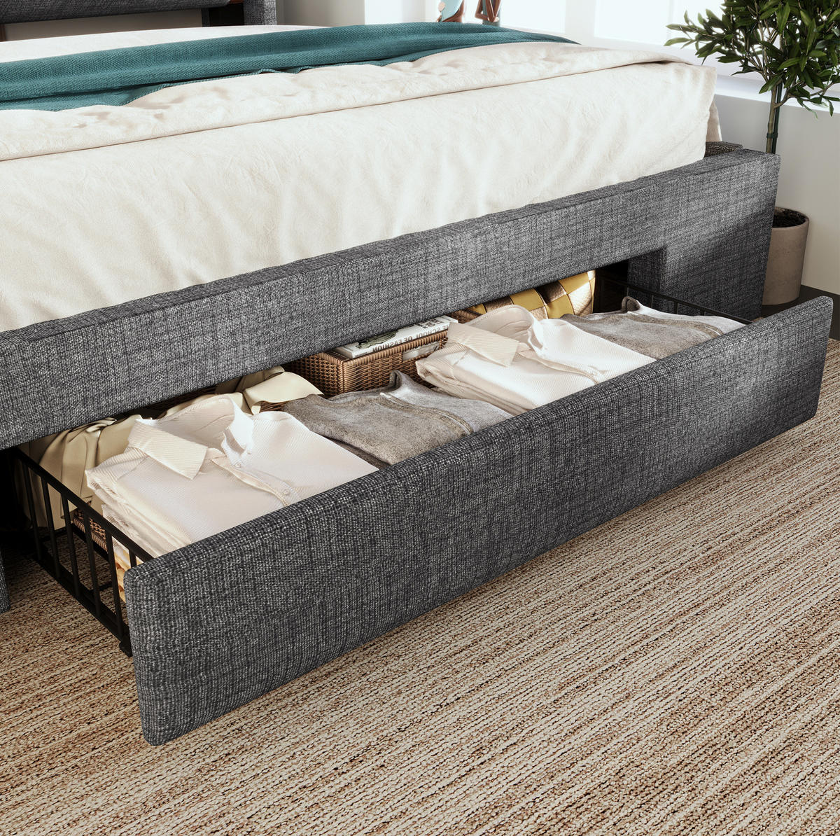 POLSTERBETT 180/200 cm Grau aus Leinen mit LED und Stauraum - Grau, Textil (180/200cm) - OKMYHOME