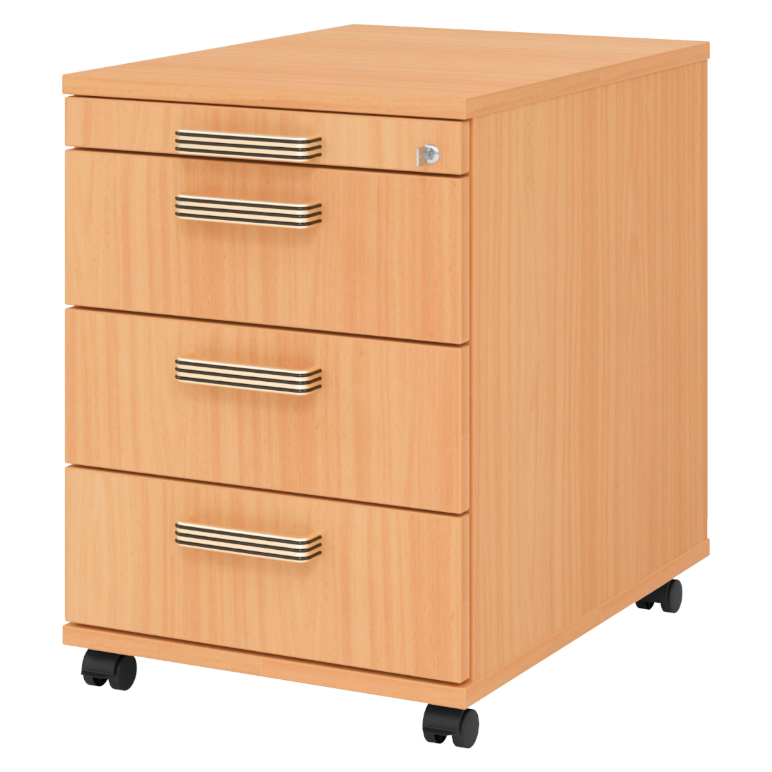 ROLLCONTAINER - 3 Materialschubladen 58/42,8/59 cm in Buchefarben Streifengriff (Kunststoff) - Buchefarben, Holzwerkstoff (42.8/59/58cm) - bümö
