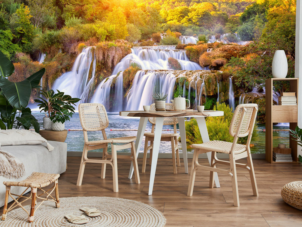 FOTOTAPETE für Esszimmer Wasserfall Sonnenaufgang Morgenlicht Bäume 300x210 - Gelb/Beige, Papier (300/210cm) - Muralo