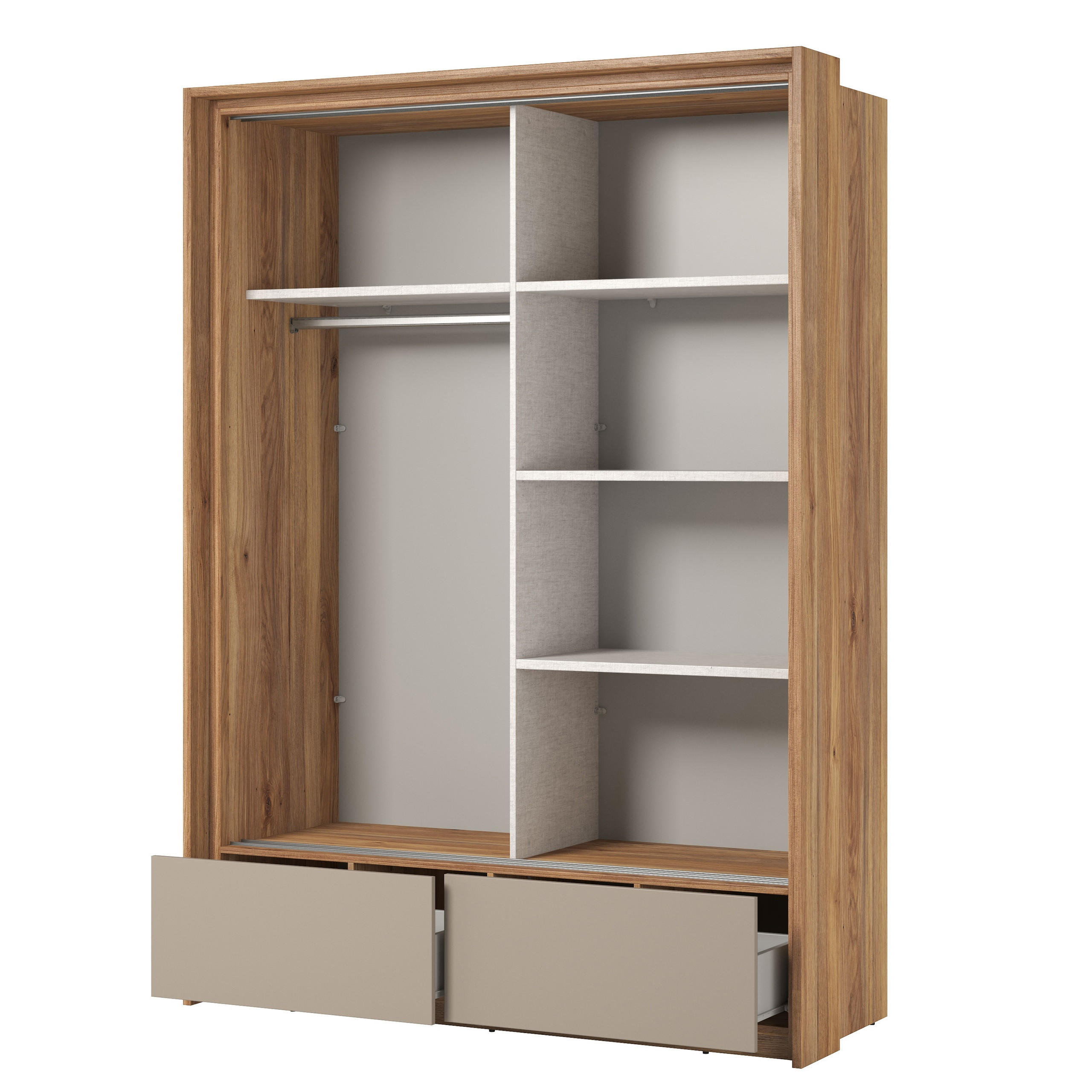 Thumbnail - Masseno Schwebetürenschrank, Eiche, Holzwerkstoff, 4 Fächer, 2 Schubladen, Rechteckig, 159.1x219x62.9 cm, Schlafzimmer, ...