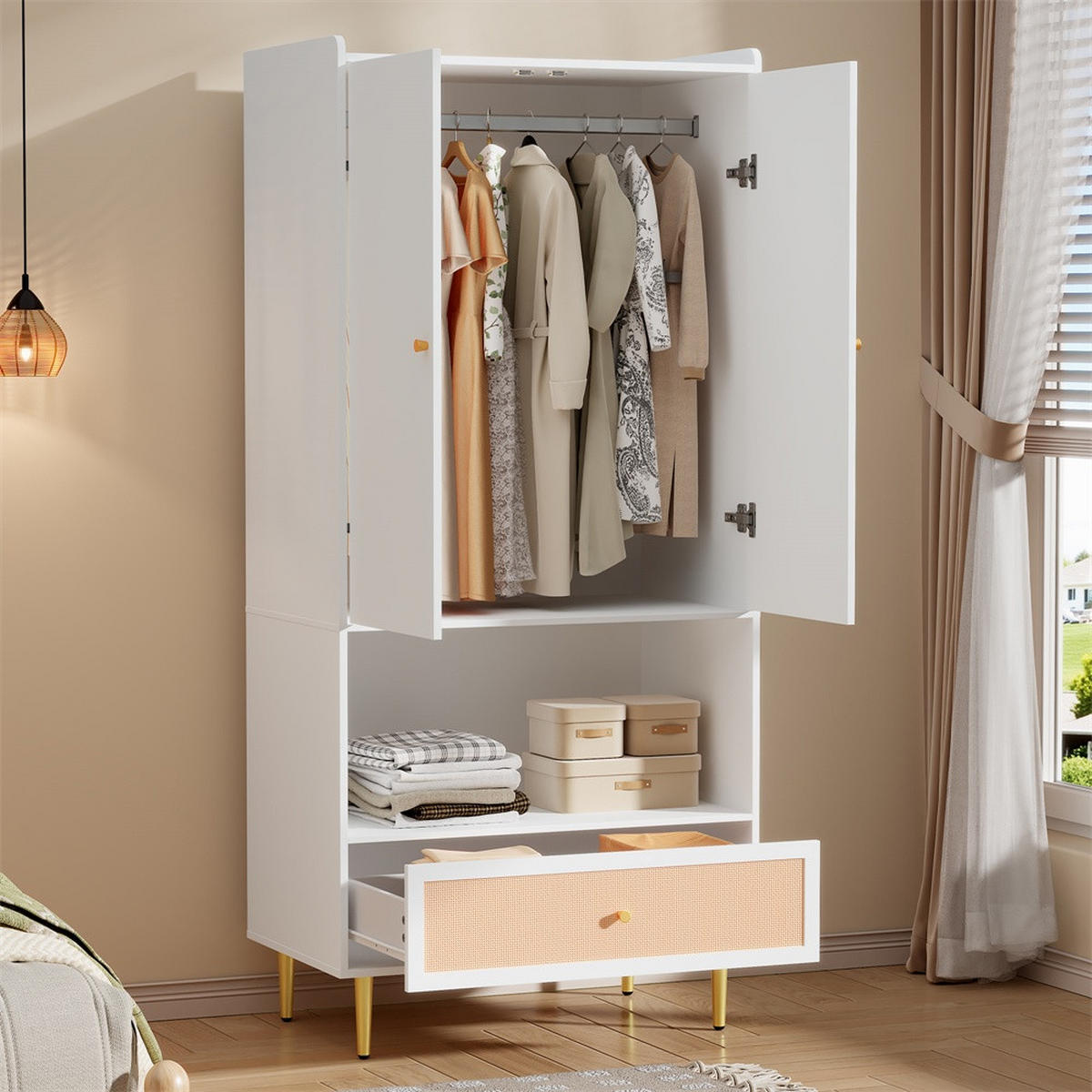 KLEIDERSCHRANK 80x48x175 cm mit goldenen Griffen und Beinen - 2 Türen und 1 Schublade & Offenes Regal - Weiß - Weiß, Holzwerkstoff (80/175/48cm) - DELFA