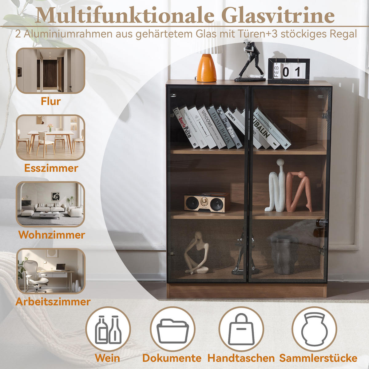 VITRINENSCHRANK Natur Glas LED 3 Böden 80x32x106cm - Walnussfarben, Holzwerkstoff (32/106/80cm) - FLIEKS