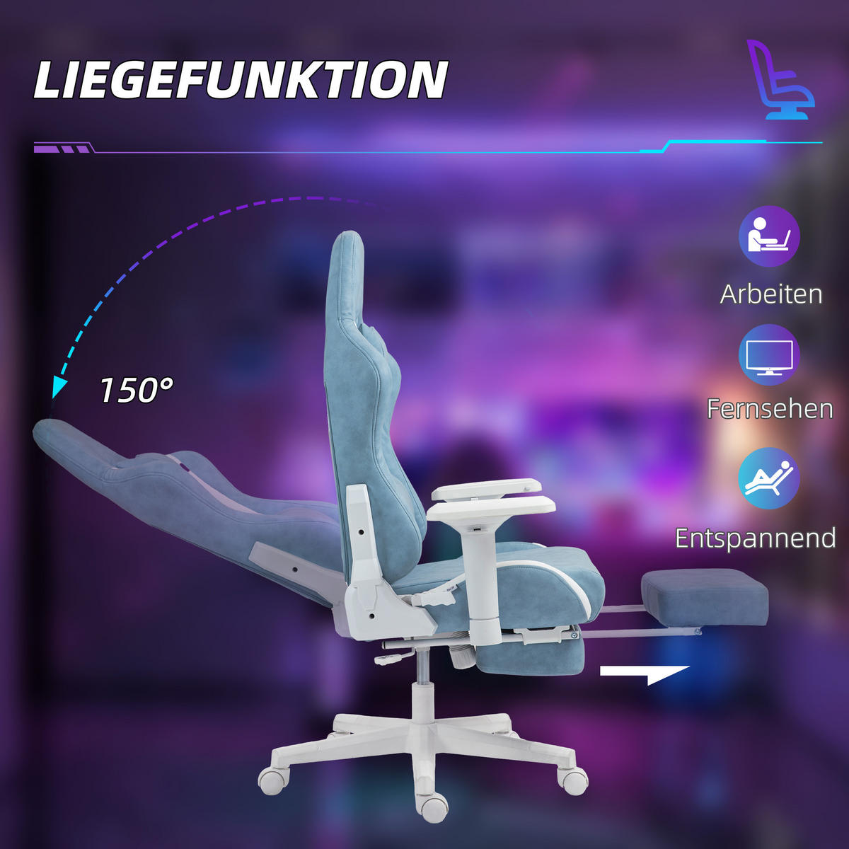 GAMINGSTUHL mit Liegefunktion, höhenverstellbar Schreibtischstuhl bis 120 kg - Blau, Kunststoff (73/129/74cm) - HOMCOM