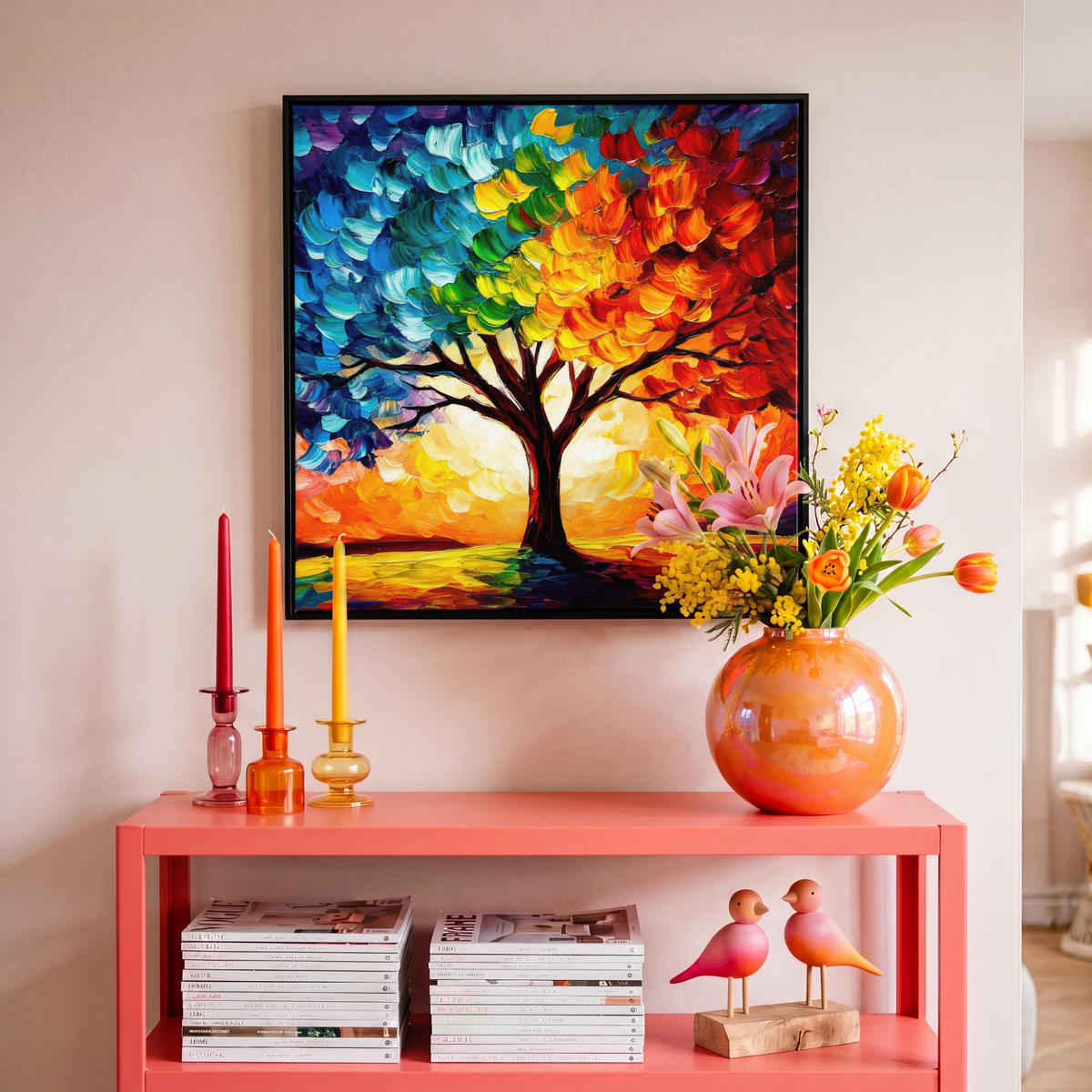 LEINWAND Bilder mit Rahmen - Baum - Kunst - Natur - Sonnenuntergang - 50x50 - Multicolor, Textil (50/50cm) - MuchoWow