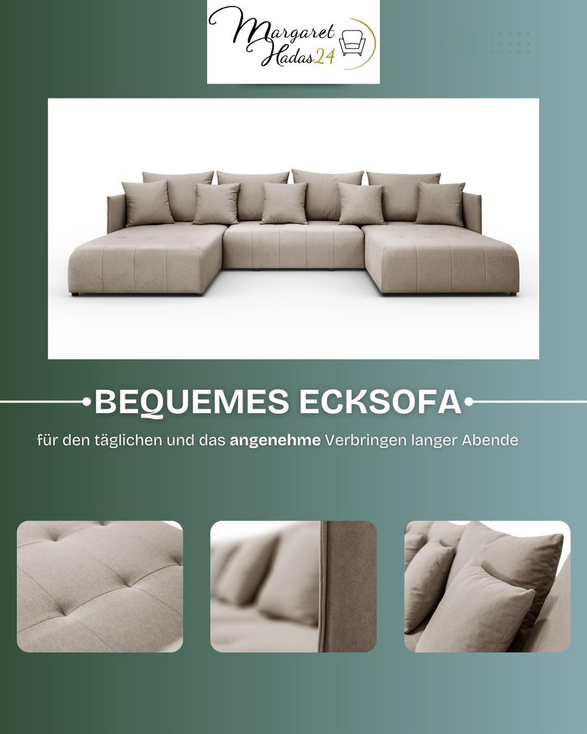 WOHNLANDSCHAFT Hanna in U-Form 348 x 188cm Schlaffunktion Bettkasten, 5 Sitzer, Schlafsofa, capuccino - Hellbraun, Kunststoff (348/93/188cm) - Margaret Hadas24