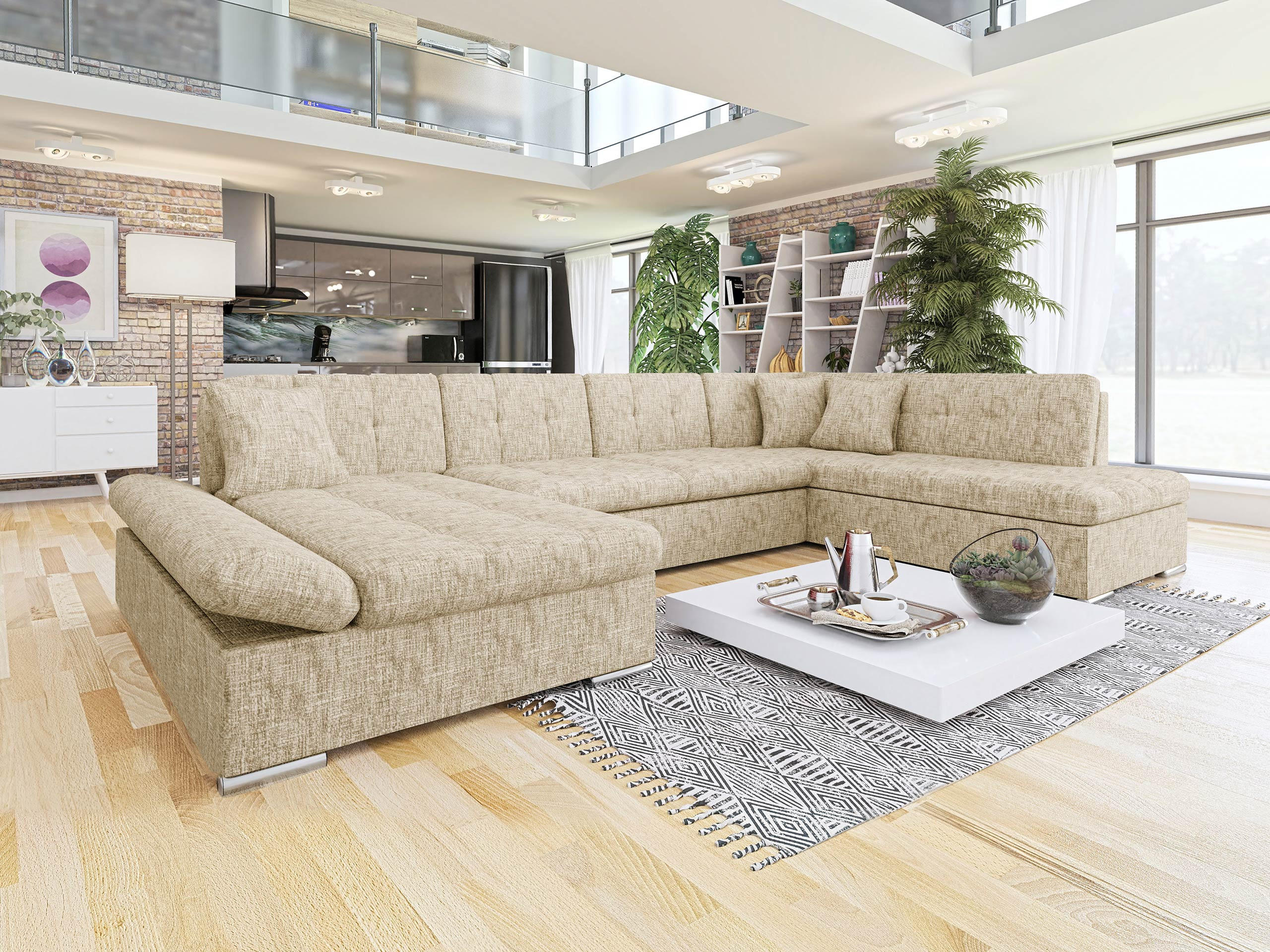 ECKSOFA Bergen Premium, Seite: Links - Hellbraun/Silberfarben, Holz/Textil (345/76/205cm) - MIRJAN24