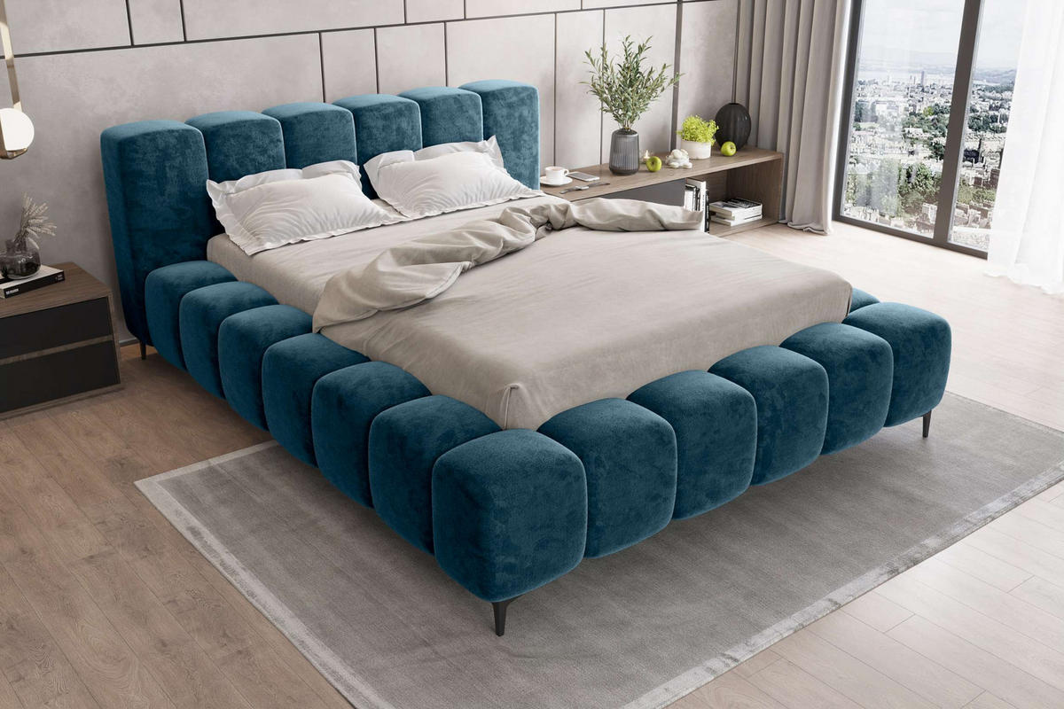 POLSTERBETT COZY Chenille Petrol 140/200 cm - Petrol/Schwarz, Textil/Metall (140/200cm) - 99rooms