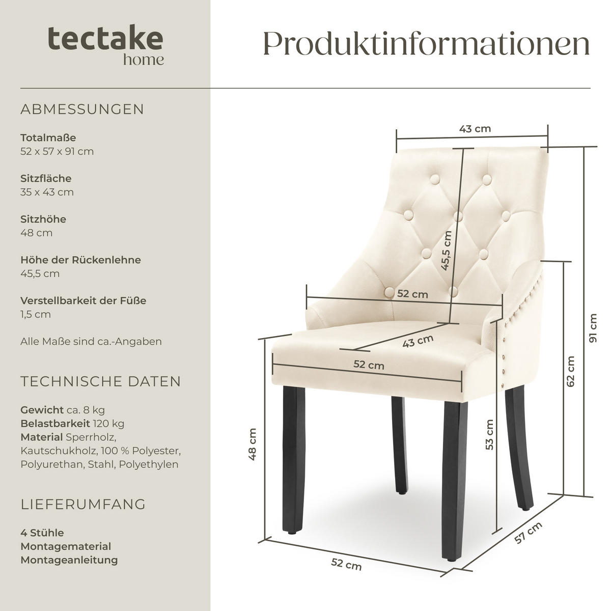 ESSZIMMERSTUHL 4er Set Everdeen,52 x 57 x 91 cm,creme/schwarz - Creme/Schwarz, Holz (52/91/57cm) - tectake