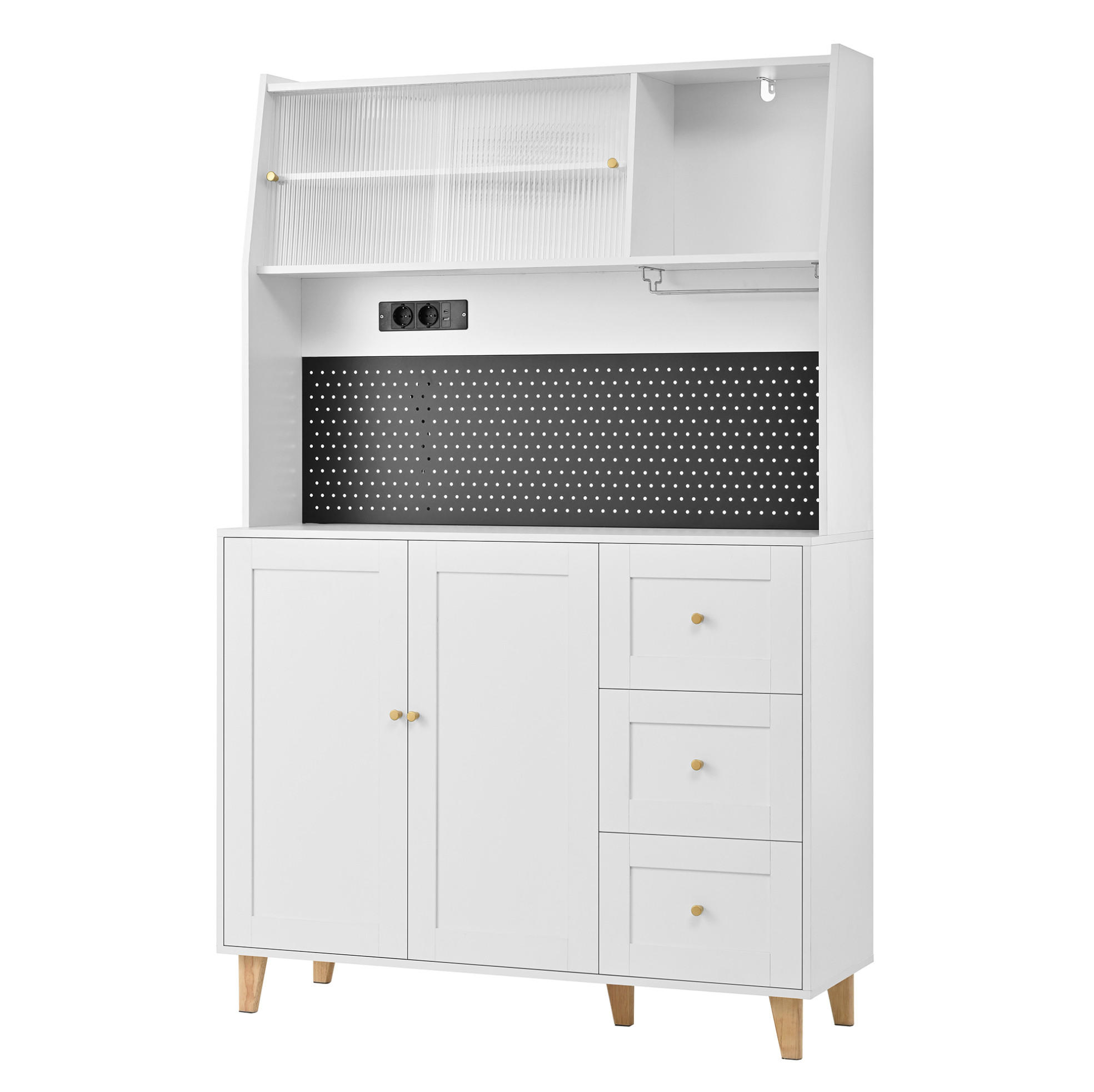 BUFFET 120x40x184 cm Weiß mit Fluted Glas & Ladestation - Weiß, Holzwerkstoff (120/184/40cm) - Modfu