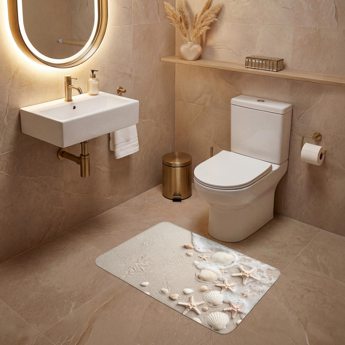 WC PŘEDLOŽKA Mušle - Hvězdice - Pláž 80x50 cm - písková barva, textil/plast (80/1cm) - OnlyWow