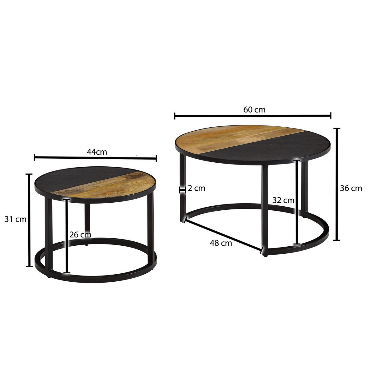 COUCHTISCH Set – Rund Mango Massivholz Steinoptik 2-teilig modern - Schwarz, Holz/Metall (60/60/36cm) - KADIMA DESIGN