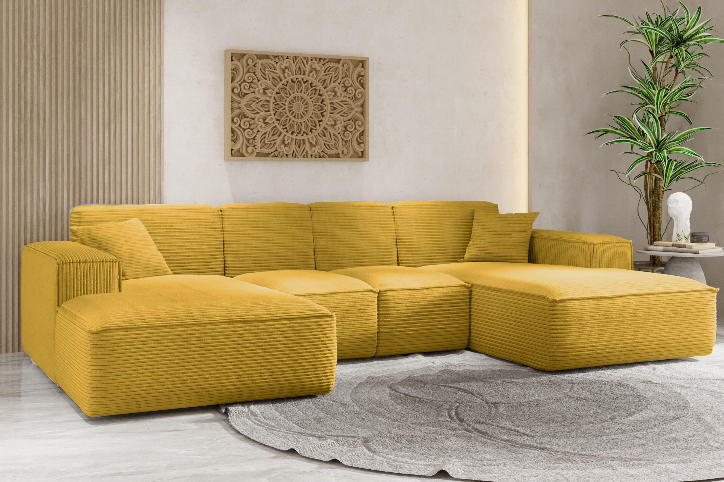 ECKSOFA, Eckcouch U form, Wohnzimmer Couch Large 342cm SIENA stoff Poso Gelb - Gelb, Holz/Textil (344/165cm) - Kaiser Möbel