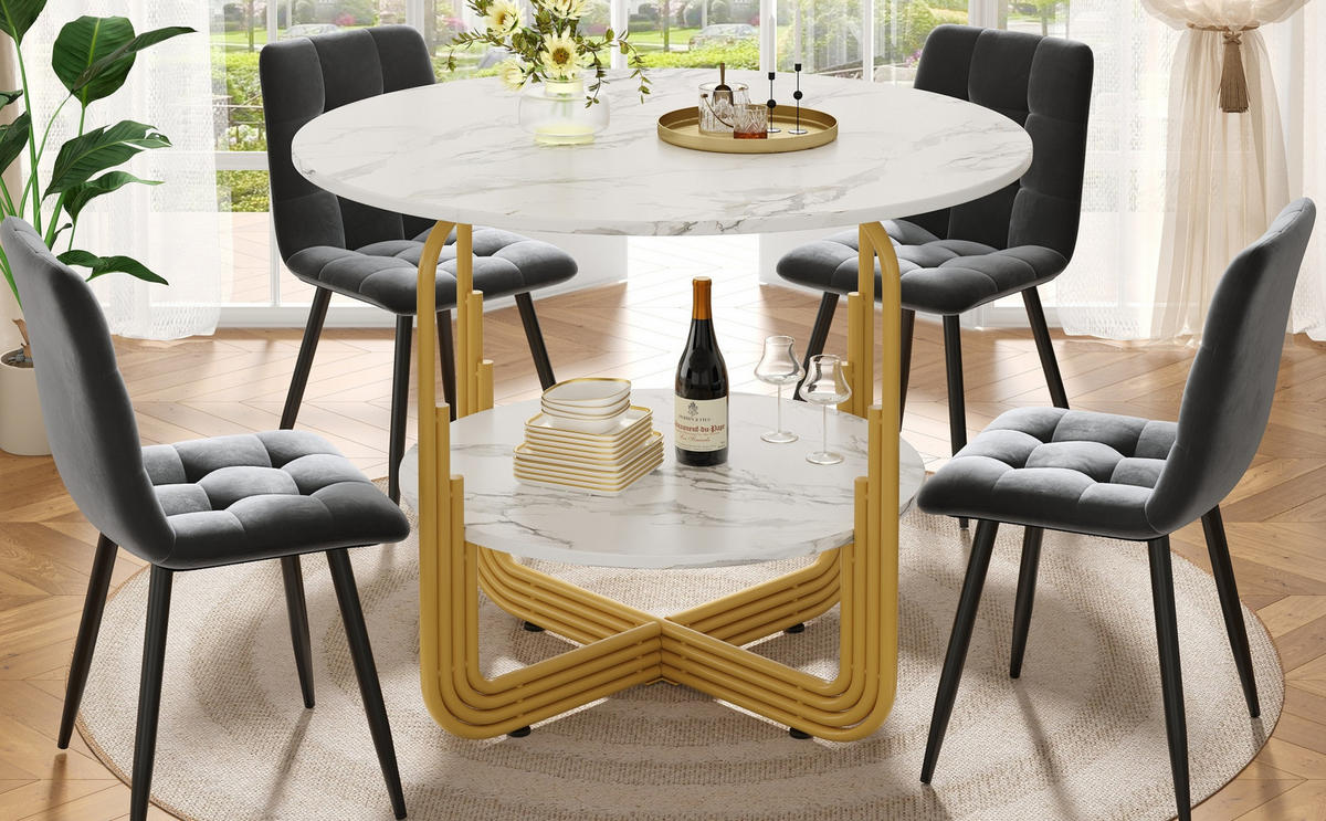 ESSTISCH 80x80x76 cm in Weiß und Gold aus MDF mit Kunstmarmor auf goldenem Metallrahmen - Weiß, Holzwerkstoff (80/80/76cm) - Modfu