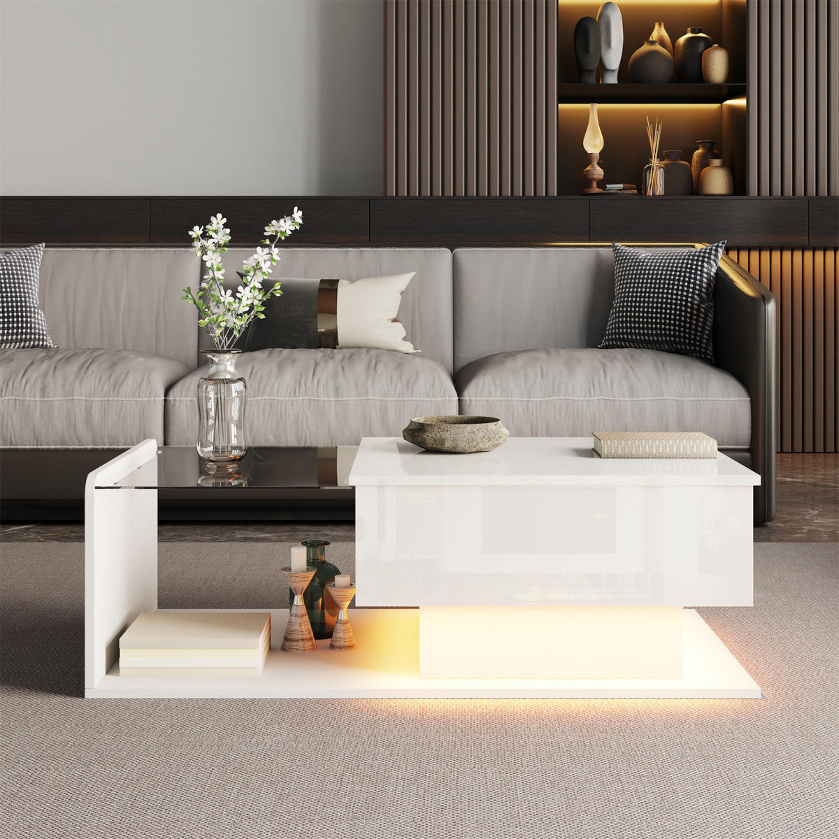 COUCHTISCH Weiß mit Glasplatte und LED, 100 x 50 cm - Weiß, Metall (100/50/47cm)