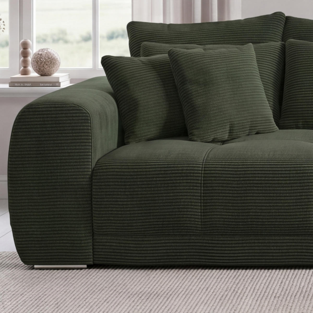 BIG-SOFA Federkern B306/T134/H86 cm, Liegefläche 120x240 cm, Cord Grün / 15172 - Chromfarben/Grün, Textil/Metall (306/86/134cm) - luma-home