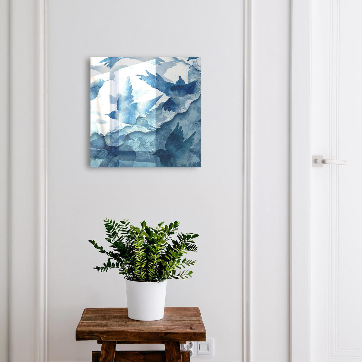 SCHLÜSSELBOX Weiß 30x30 cm – Türöffnung nach rechts - Aquarellvögel - Blau, Metall (30/30/5cm) - TULUP