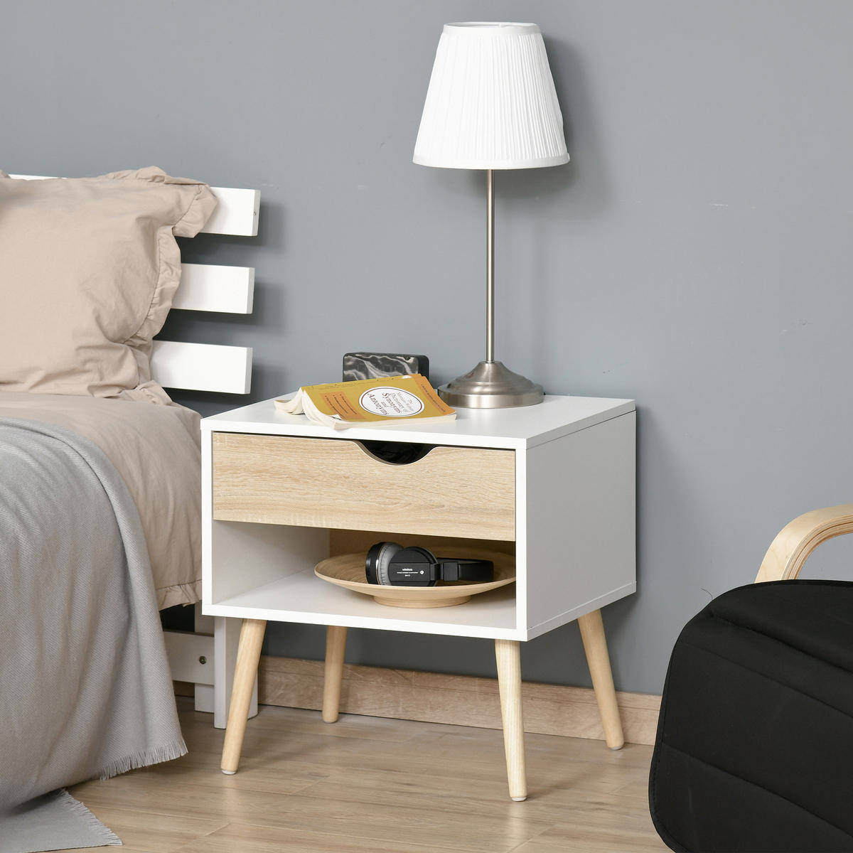 NACHTTISCH Weiß Natur Holz mit Schublade und offenem Fach - Eichefarben, Holzwerkstoff (50/51/39cm) - PANGIVO