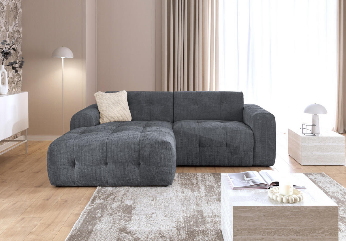 ECKSOFA mit Ottomane links, raffinierten Steppungen, Wellenunterfederung, B234/T161/H79 cm, Chenille-Bezug in Grau / 21046 - Schwarz/Grau, Kunststoff/Textil (234/79/161cm) - luma-home