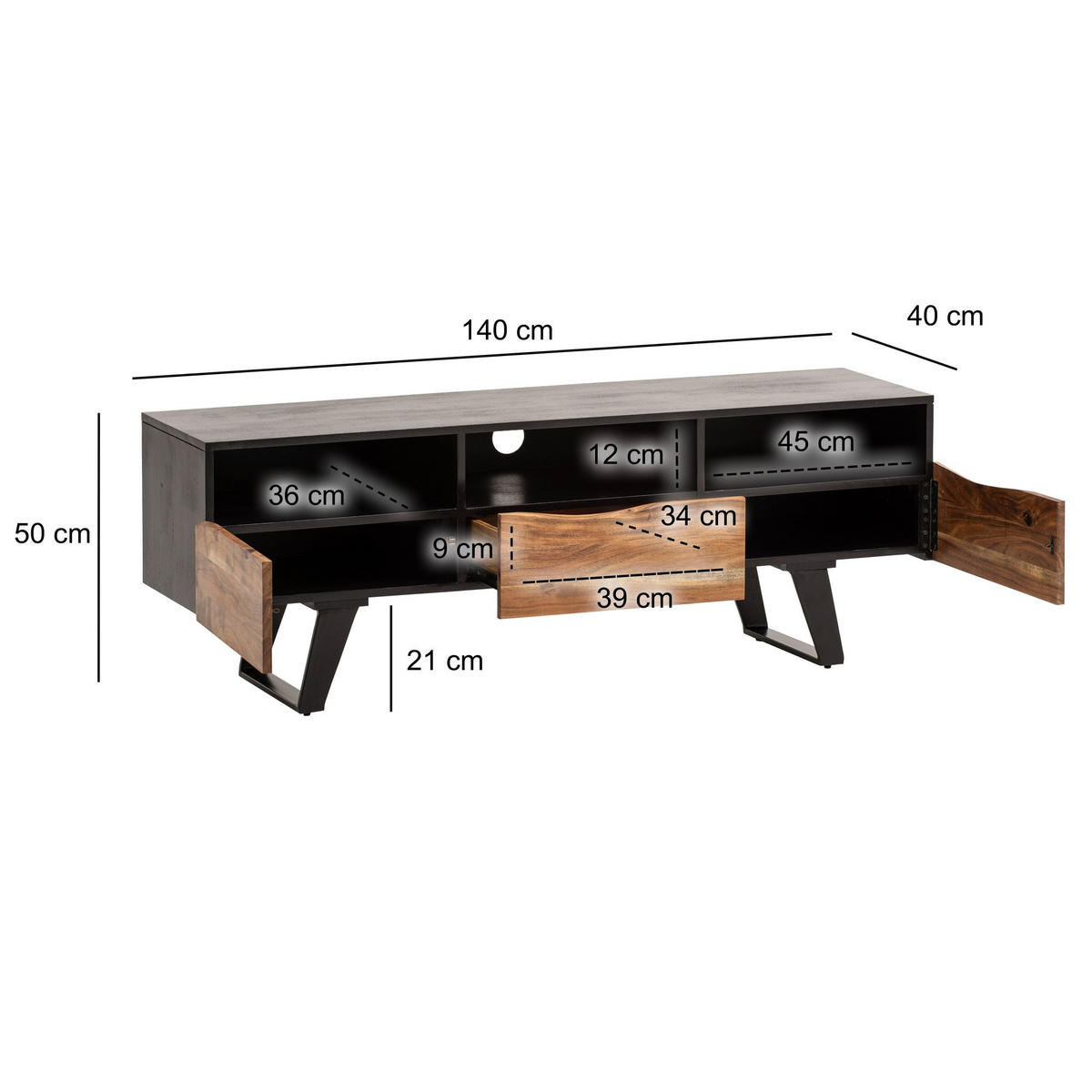 LOWBOARD Akazie Massivholz Modern Stil 140x50x40 cm Baumkante mit Schublade und Türen - Schwarz, Holz/Metall (140/50/40cm) - KADIMA DESIGN