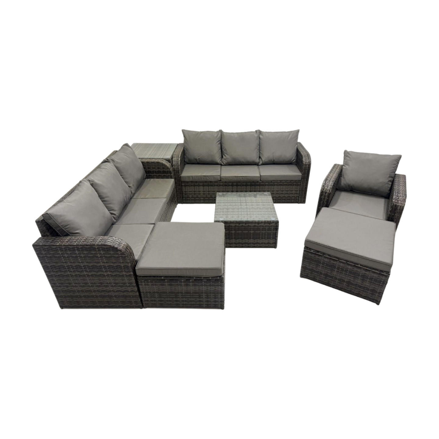 GARTENMÖBEL SET mit 3-SITZER SOFA Polyrattan Dunkelgrau 9-Sitzer - Dunkelgrau/Grau, Glas/Kunststoff - Fimous
