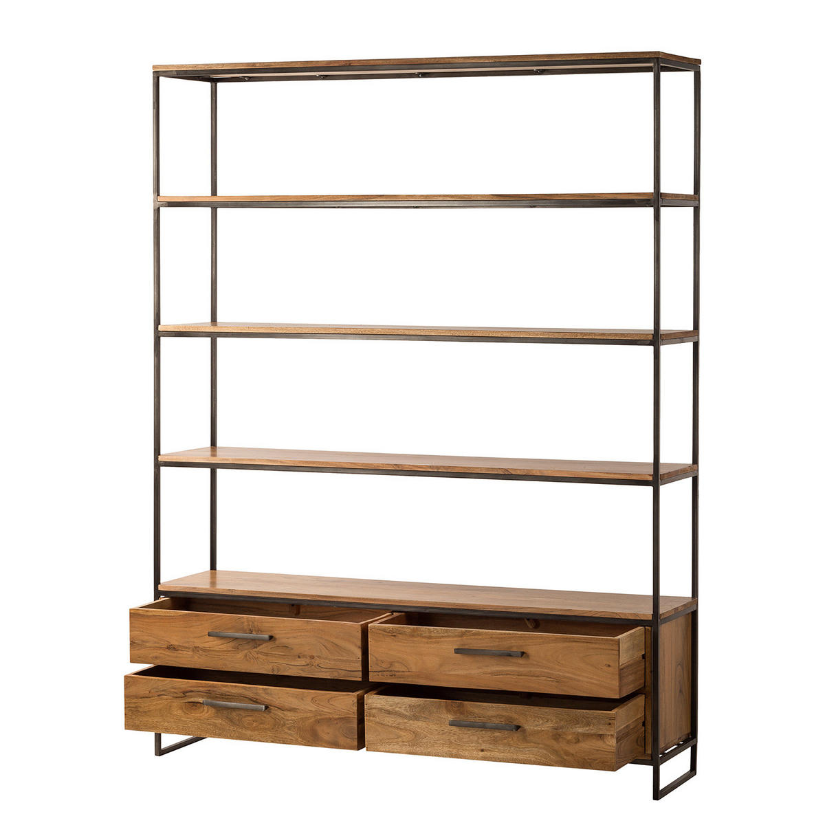 REGAL mit 4 Schubladen - Akazie massiv / Eisen - Akaziefarben, Holz (145/190/35cm) - home24