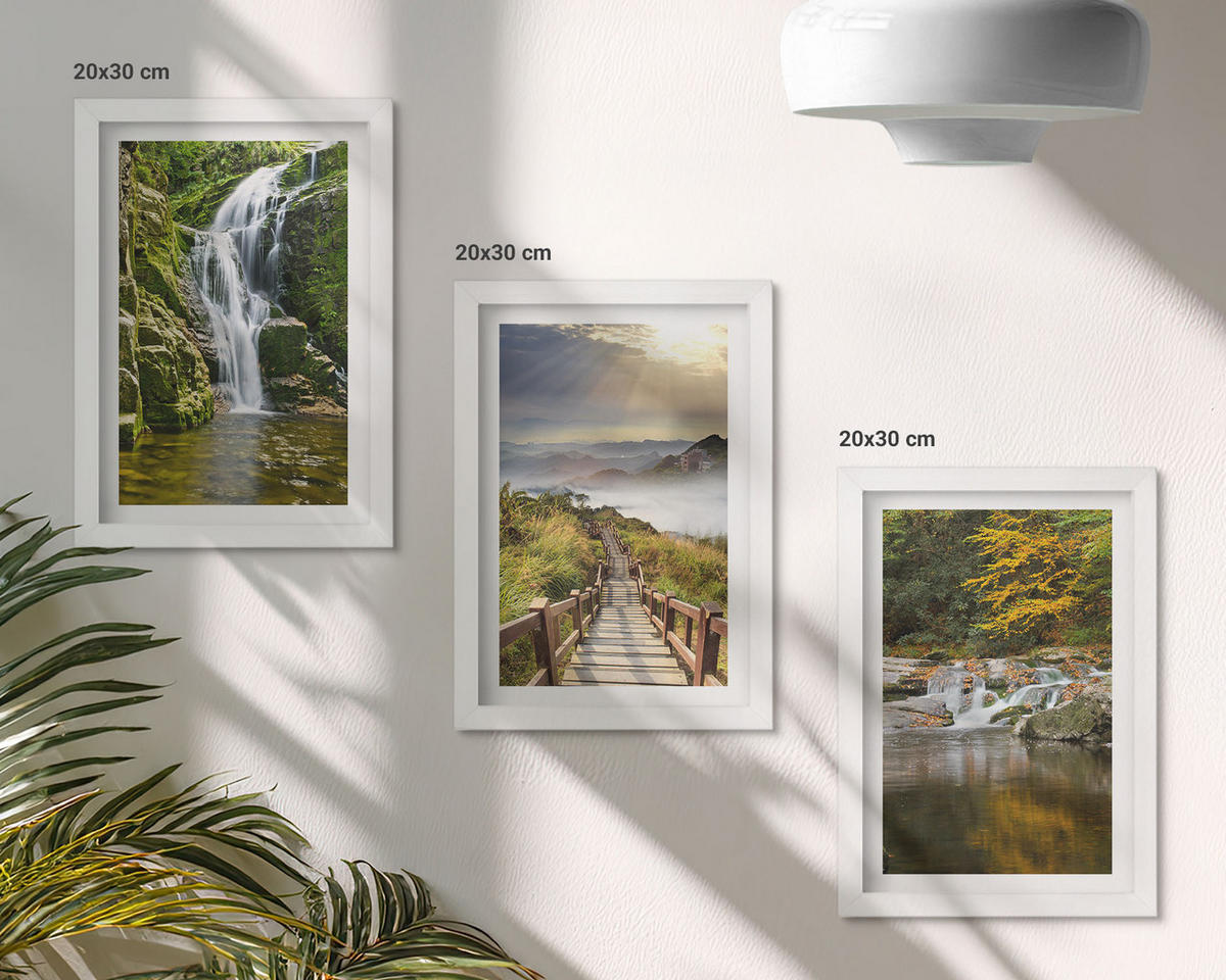 WANDBILDER 3er-Set - 20x30 cm Weißer Rahmen - Wasserfälle, Berge, Wolken, Herbst - Weiß, Kunststoff (20/30cm) - ArtPrintCave