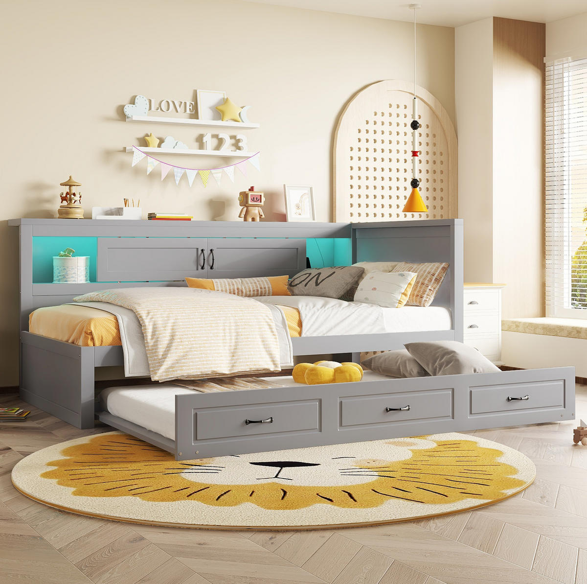 POLSTERBETT aus Spanplatte & MDF 90x200 cm in Grau mit LED, Ausziehbett & USB - Grau, Holzwerkstoff (90/200cm) - Modfu