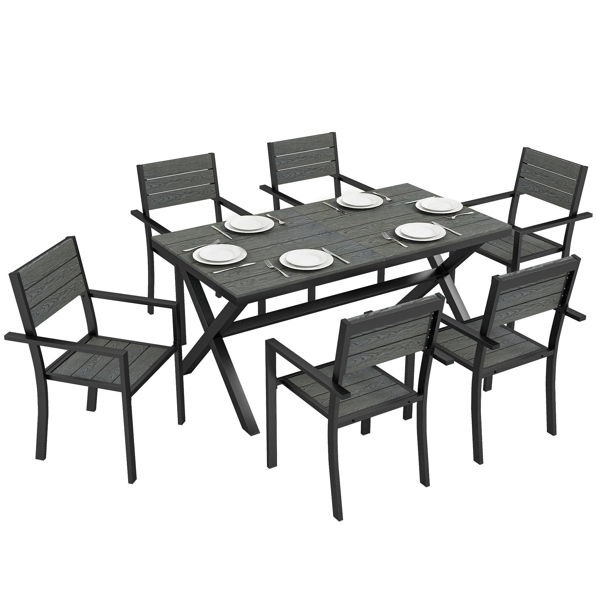 GARTENMÖBEL-SET 7-teilig,Holzoptik Latten-Tisch+6 stapelbare Stühle Alu-Rahmen,grau - Grau, Metall - Vallsero