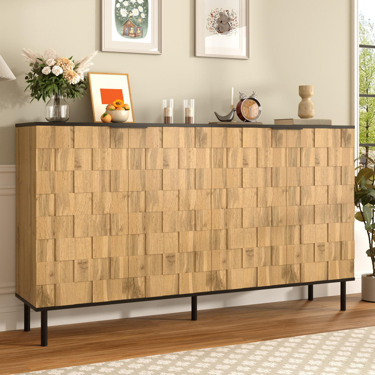 SIDEBOARD 160/35/80,5 cm mit 2 Türen in Natur/Schwarz & Mosaikfronten - Naturfarben, Holzwerkstoff (160/80/35cm) - BEAOK