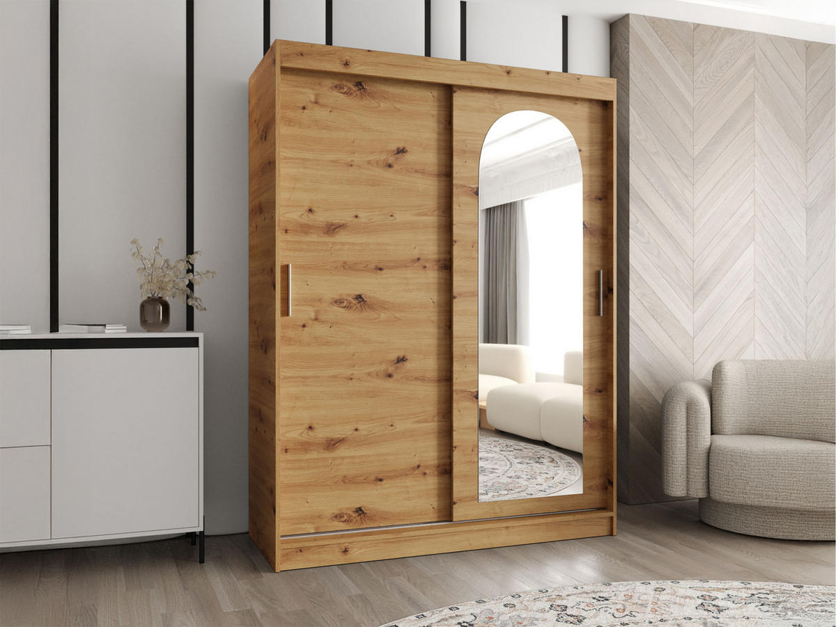 SCHWEBETÜRENSCHRANK Selfie 150 cm - Silberfarben/Eiche Artisan, Holzwerkstoff/Kunststoff (150/200/62cm) - MIRJAN24