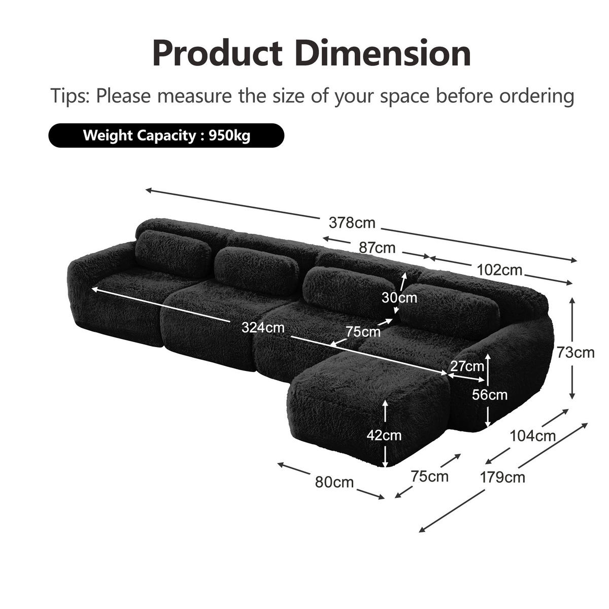 L-FÖRMIGES ECKSOFA Schwarz 378/179/73 cm 4-Sitzer Modular Ohne Montage - Schwarz, Textil (378/179cm) - PANGIVO