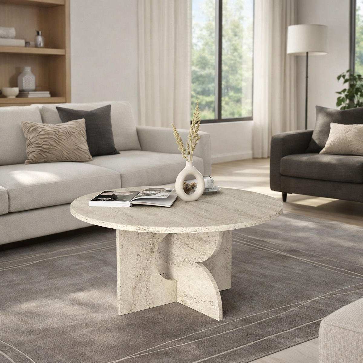 MOEBEL17 Couchtisch Rund Ø 75 cm Travertin Optik Beige – Moderner Wohnzimmertisch Steinoptik – Stabiler Design Sofatisch – Minimalistischer Wohnzimmer - Beige, Holzwerkstoff (75/75/37cm) - moebel17