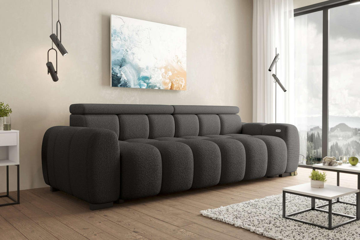 BIGSOFA ALESSIO Bouclé-Stoff Graphitfarben mit elektrischer Sitztiefenverstellung - Graphitfarben, Kunststoff/Textil (248/77/108cm) - 99rooms