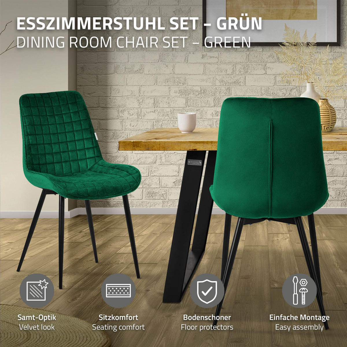 ESSZIMMERSTÜHLE 4ER-SET Dunkelgrün Samt - Dunkelgrün/Schwarz, Textil/Metall (52/89/60cm) - ML-DESIGN