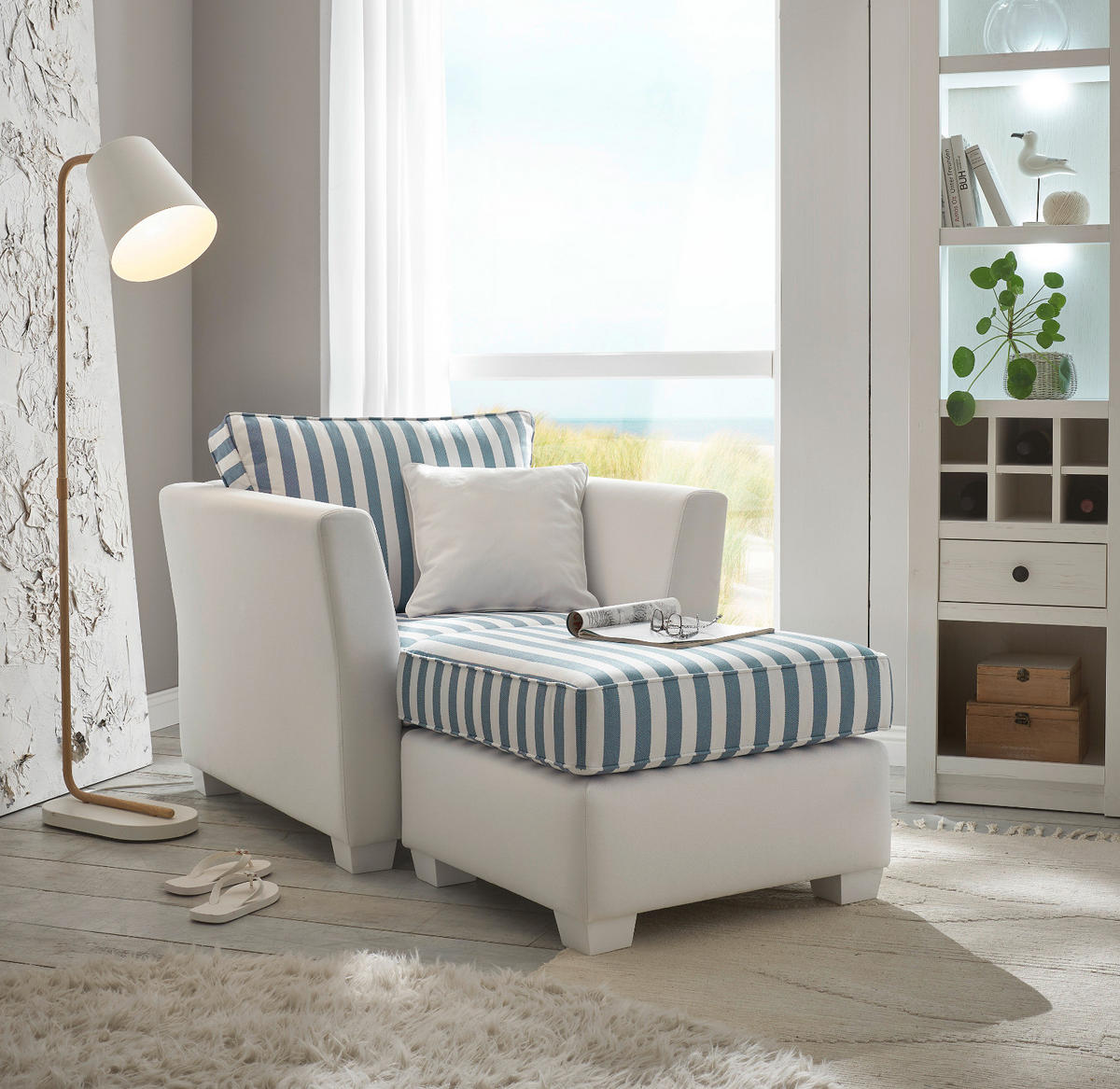 SESSEL creme blau gestreift, Landhaus 95 cm, Loungesessel Set inklusive Hocker - Blau/Creme, Holz/Textil (95/88/161cm) - Furn.Design