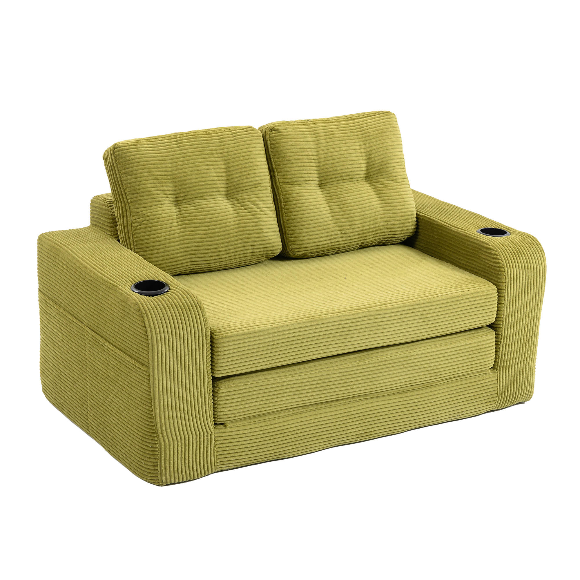 2-SITZER SOFA Cord Olive mit Getränkehaltern und Seitentaschen - Grün, Textil (136/82.5/80cm) - WISHDOR