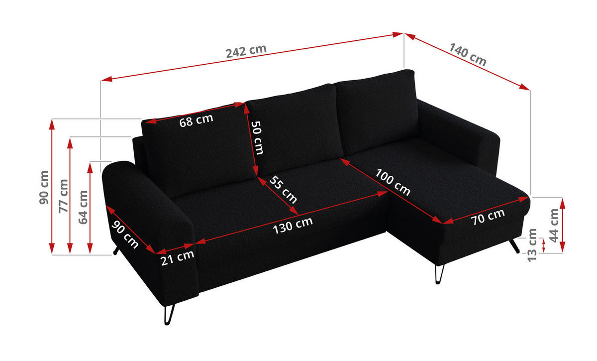 ECKSOFA Hugo Boucle Schwarz - Schwarz, Textil/Metall (242/140cm) - MKS
