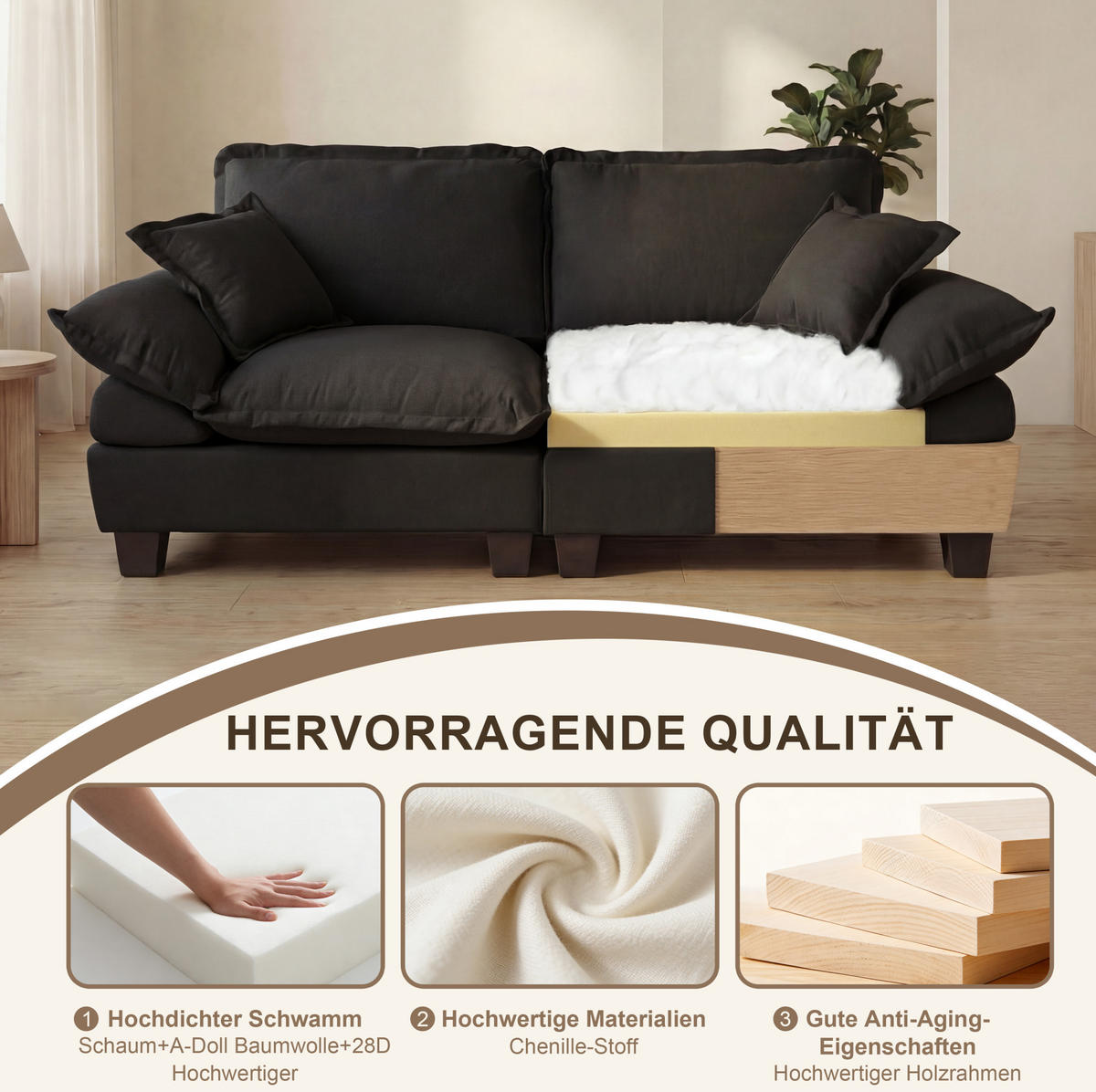 ECKSOFA 263/151/90 cm schwarz aus Chenille mit Ottomane - Schwarz, Textil (151/263cm) - OKWISH