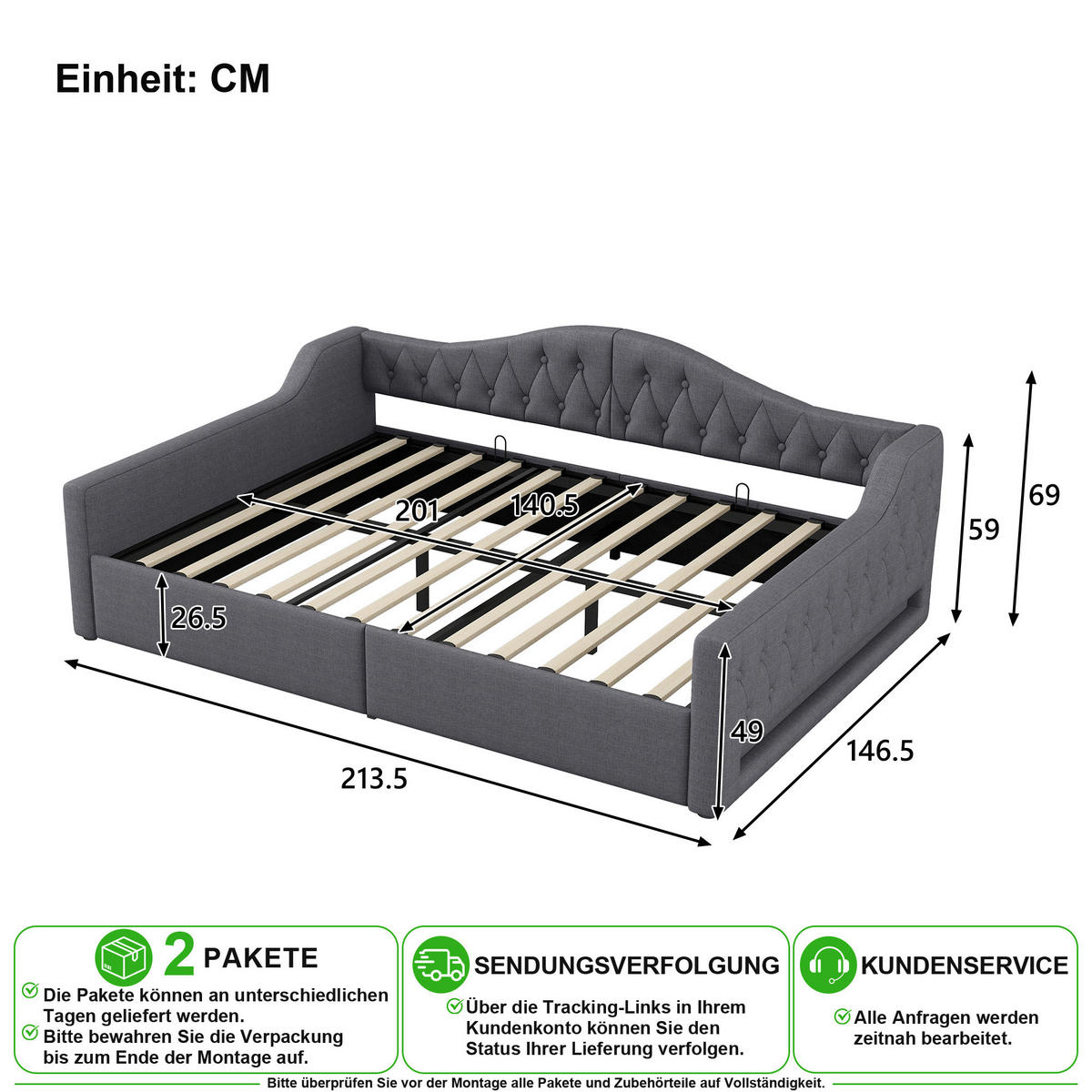 POLSTERBETT 140/200 cm in Grau Leinen mit Stauraum und LED - Grau, Holzwerkstoff/Textil (140/200cm) - CHICFURN