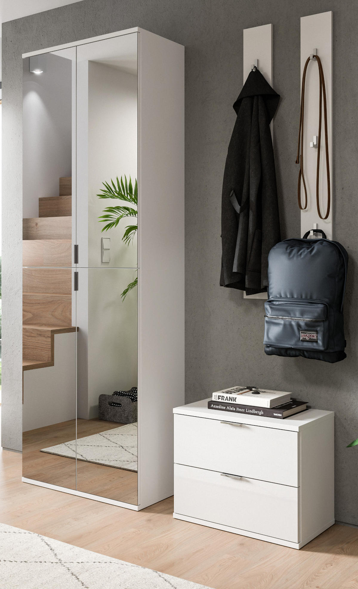 GARDEROBE Set 4-teilig weiß Hochglanz 128 cm, Flurgarderobe mit 9 Fächern - Chromfarben/Weiß Hochglanz, Glas/Holzwerkstoff (128/193/34cm) - Inn.Furn