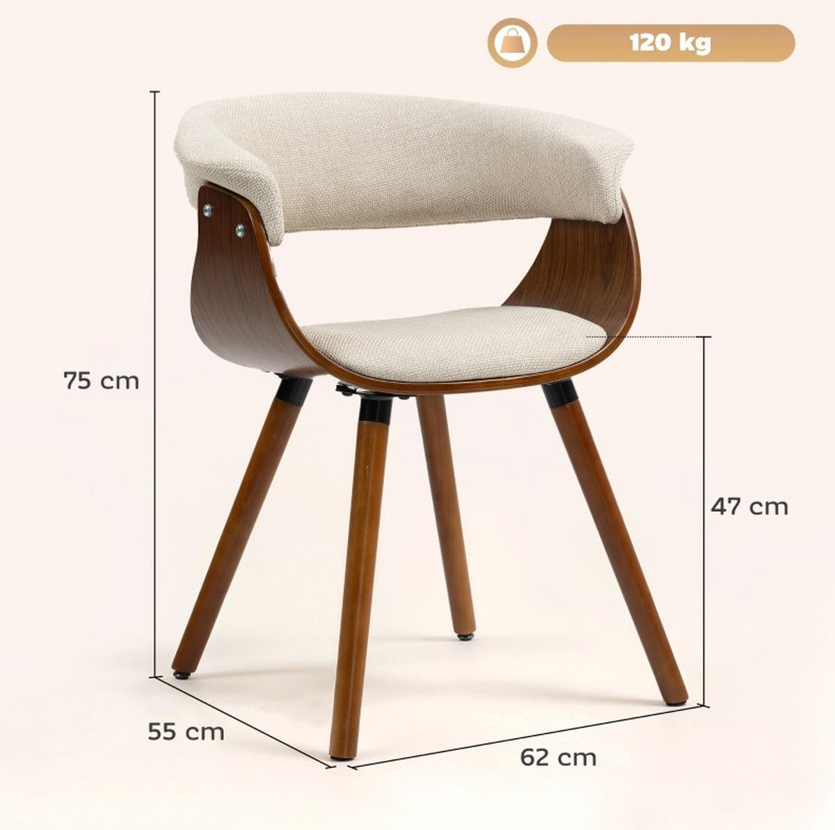 ESSZIMMERSTUHL mit Rückenlehne 62 x 55 x 75 cm Polyester Beige - Beige, Metall (55/75/62cm) - Meubliv