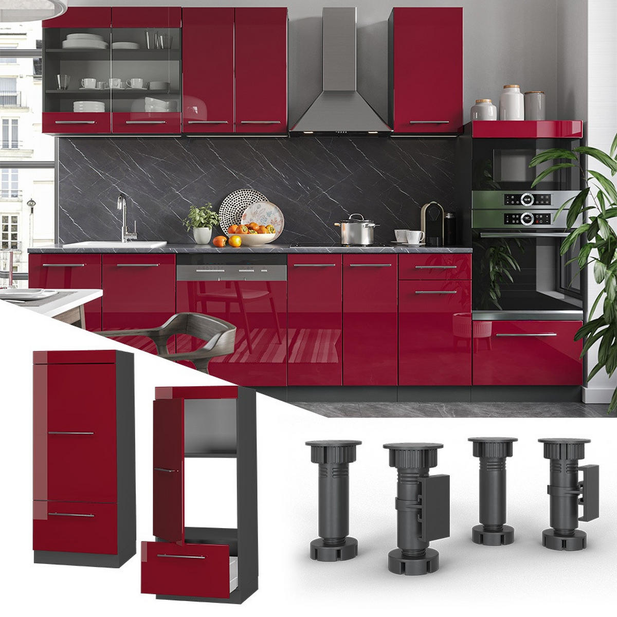 VORRATSSCHRANK Fame-Line, Bordeaux Hochglanz/Anthrazit, 60 cm - Bordeaux/Anthrazit, Holzwerkstoff (60/153.6/58.1cm) - Vicco