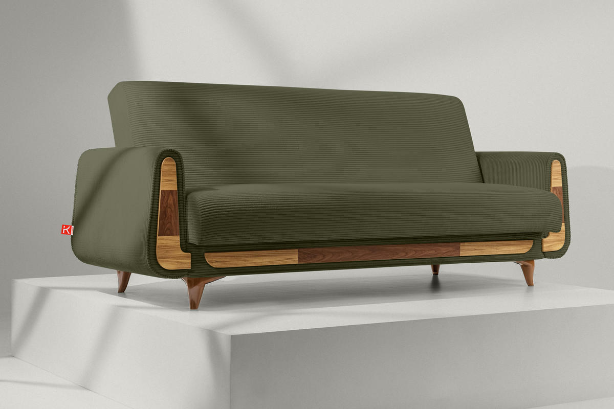 3-SITZER-SCHLAFSOFA GUSTAVO II mit Armlehnen, Olive - Olivgrün, Holz/Holzwerkstoff (230/98/98cm) - KONSIMO®