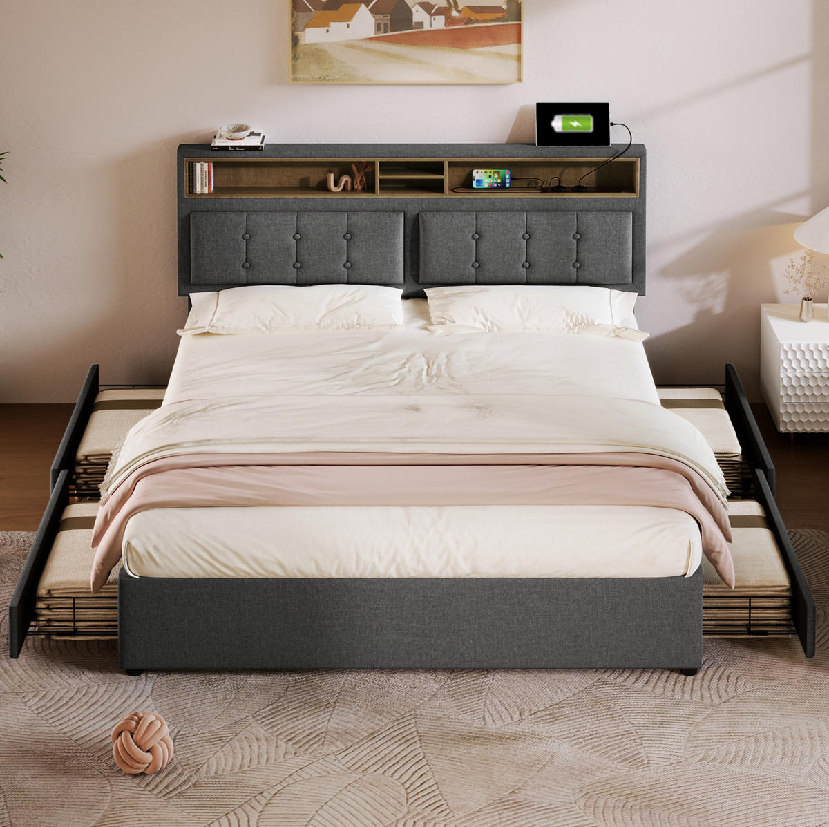 POLSTERBETT 160/200 cm aus Samt mit verstellbarem Kopfteil und Stauraum Beige - Beige, Textil (160/200cm) - Modenvie