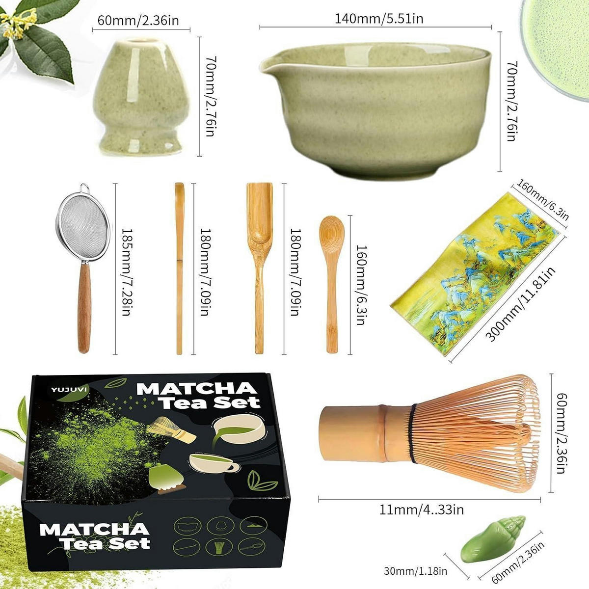 MATCHA Tee Set 9-teiliges Set mit Schale und Besen - Grün, Keramik (16/7/30cm)