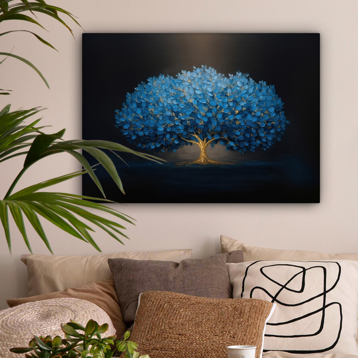 LEINWANDBILD Baum - Blau - Blätter - Pinselstriche Wandbilder 80x60 cm - Blau, Textil (80/60cm) - MuchoWow