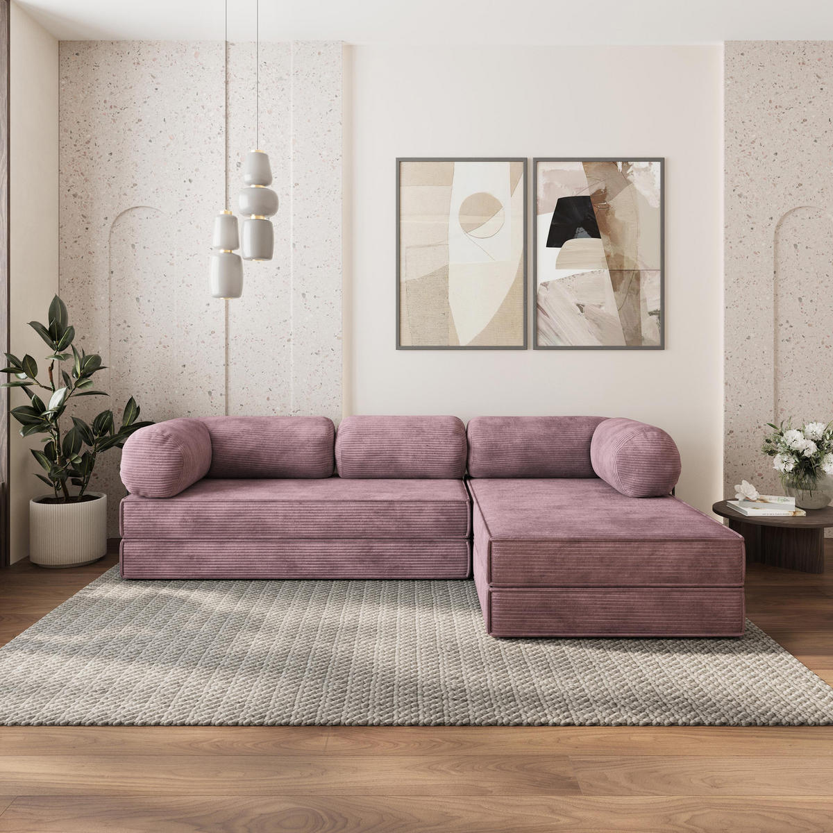 ROHOVÁ SEDAČKA ETERA modulární Boneless pohovka s funkcí spaní, šeříková POSO 130 - fialová, textil (270/160cm) - MASSENO