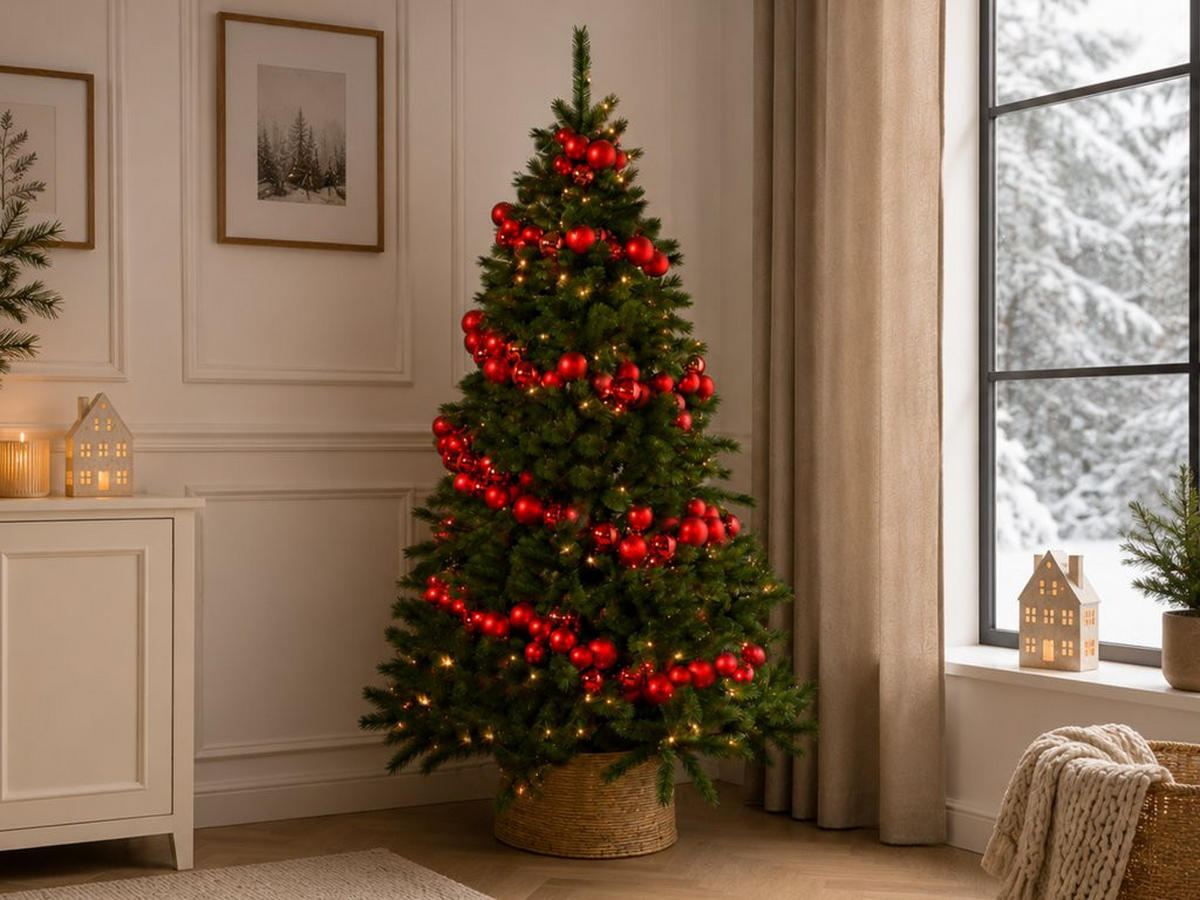 WEIHNACHTSBAUM künstlicher 150 cm – KÖNIGSROT II, geschmückt mit 240-teiligem Weihnachtsbaumschmuck, inkl. Ständer - Rot/Grün, Kunststoff/Metall (104/150cm) - LAALU